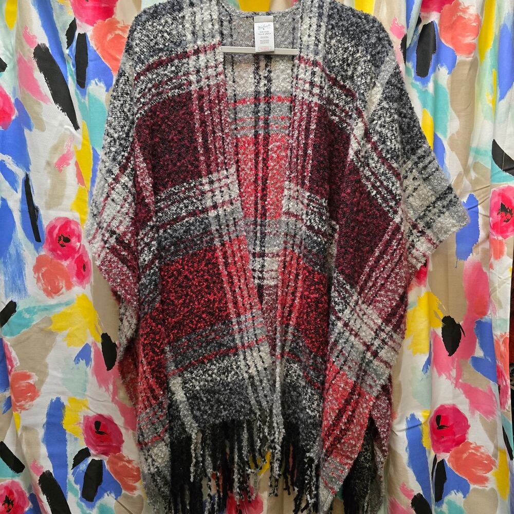 Woolrich fringe blanket boucle knit shawl poncho cozy plaid One Size
